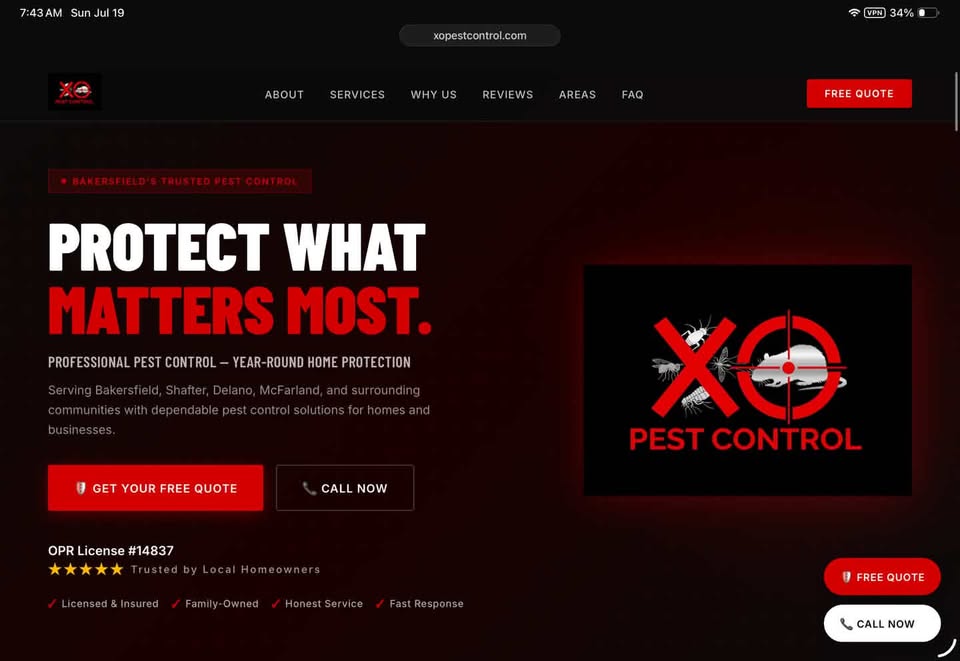 XO Pest Control website homepage, a Dominion client project