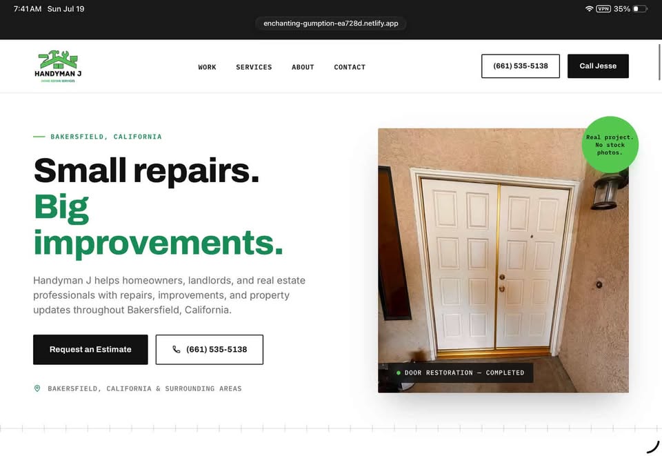 Handyman J homepage — handyman services website built by Dominion